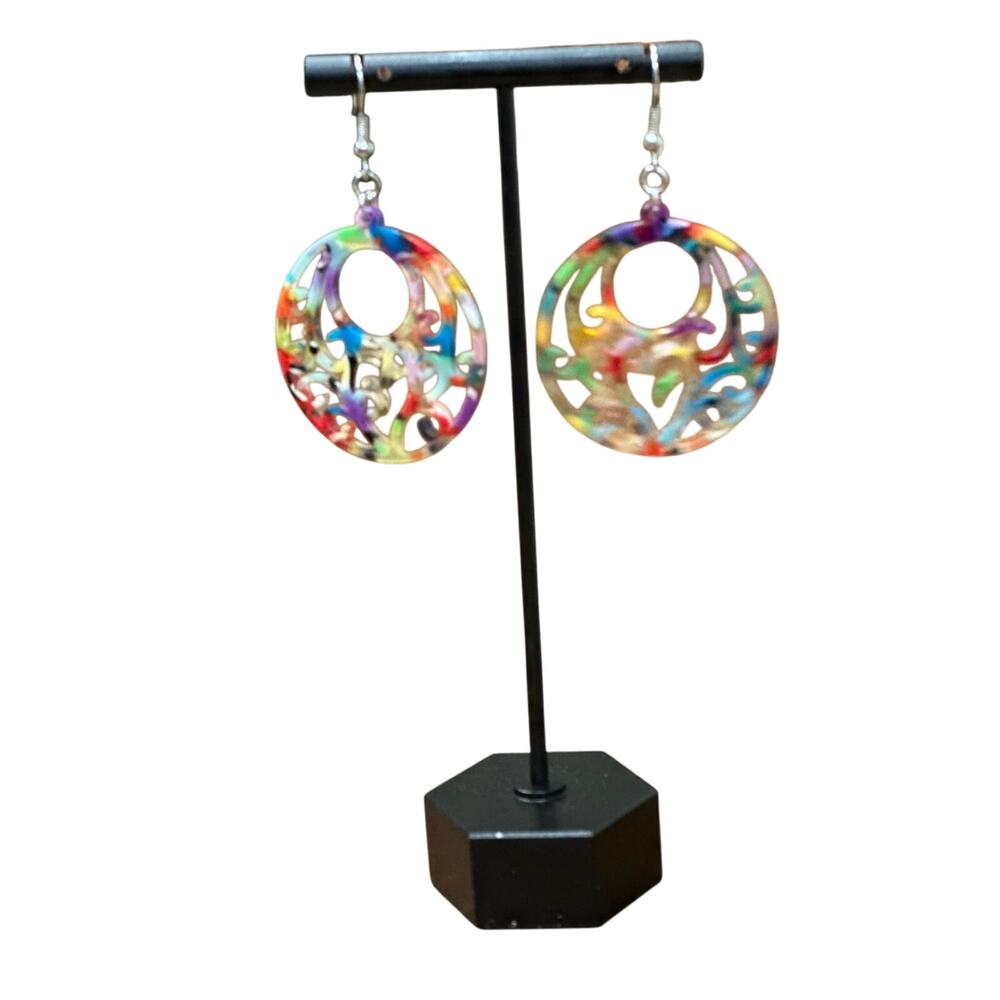 Multi color acrylic filigree disc earrings - so fun!